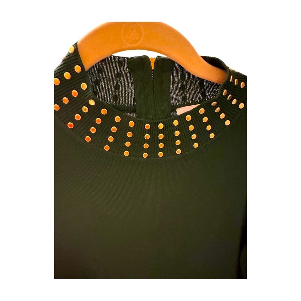 Calvin Klein Long Sleeve Green Mock Neck Sheath Dress With Gold Studs-NWT-L - Picture 10 of 15